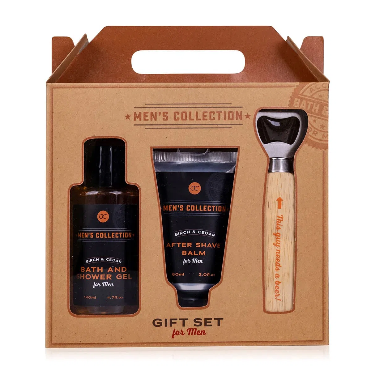 Set regalo Accentra MEN'S COLLECTION per uomo con gel doccia e bagno da 140 ml, balsamo dopobarba da 60 ml, apribottiglie con manico in legno, regalo per il compleanno e la festa del papà