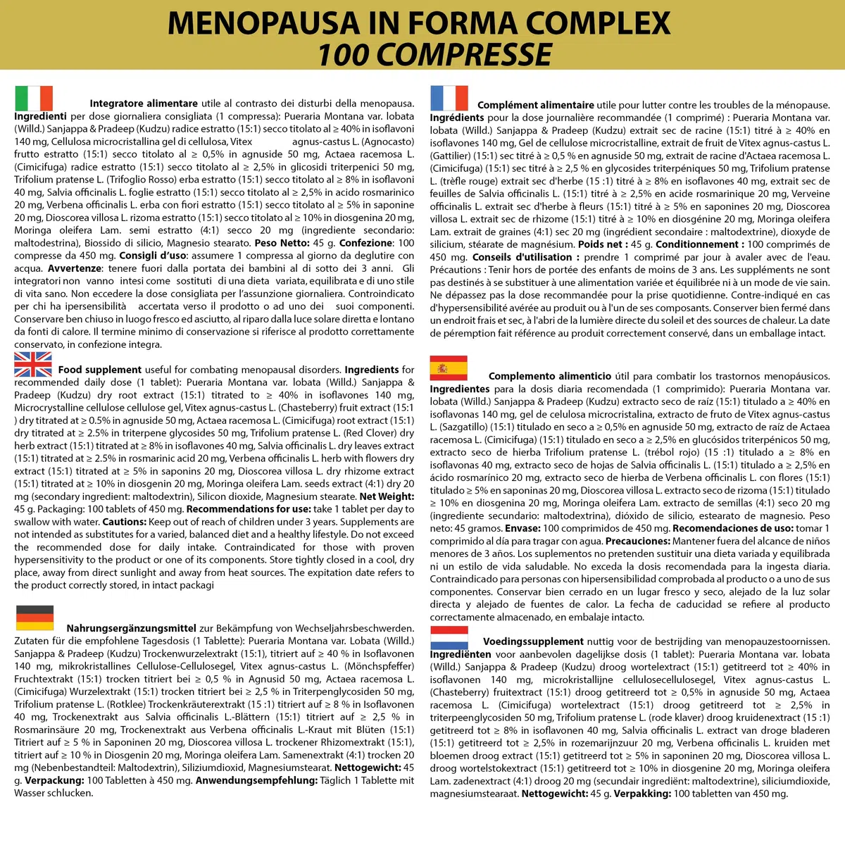 Kudzu e Trifoglio Rosso Ricchi in Isoflavoni, con Cimicifuga, Agnocasto, Moringa, Salvia, Dioscorea, Verbena | Menopausa In Forma Complex 100 Compresse | Controllo del Peso e Rilassamento | Vampate