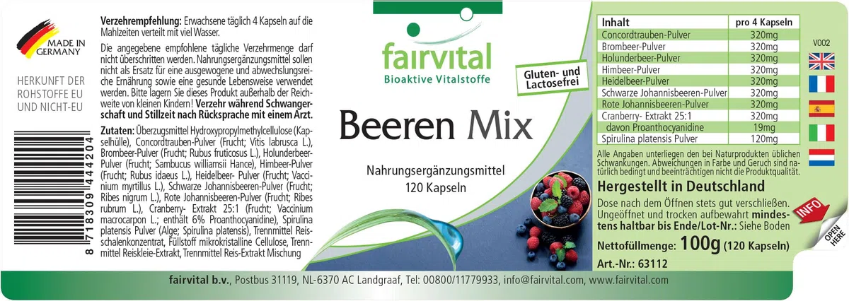 fairvital Mix di bacche, 120 capsule, capsule antiossidanti, ALTO DOSAGGIO, VEGANO, 8 bacche con spirulina