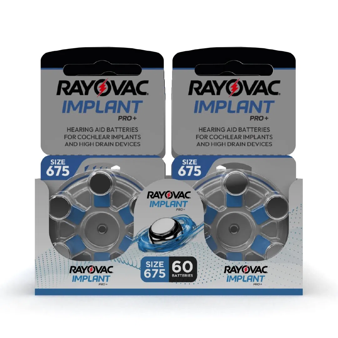60 batterie per impianti cocleari Rayovac Implant Pro+ misura 675I, durata massima, compatibili con tutti gli impianti cocleari, pile senza mercurio e cadmio