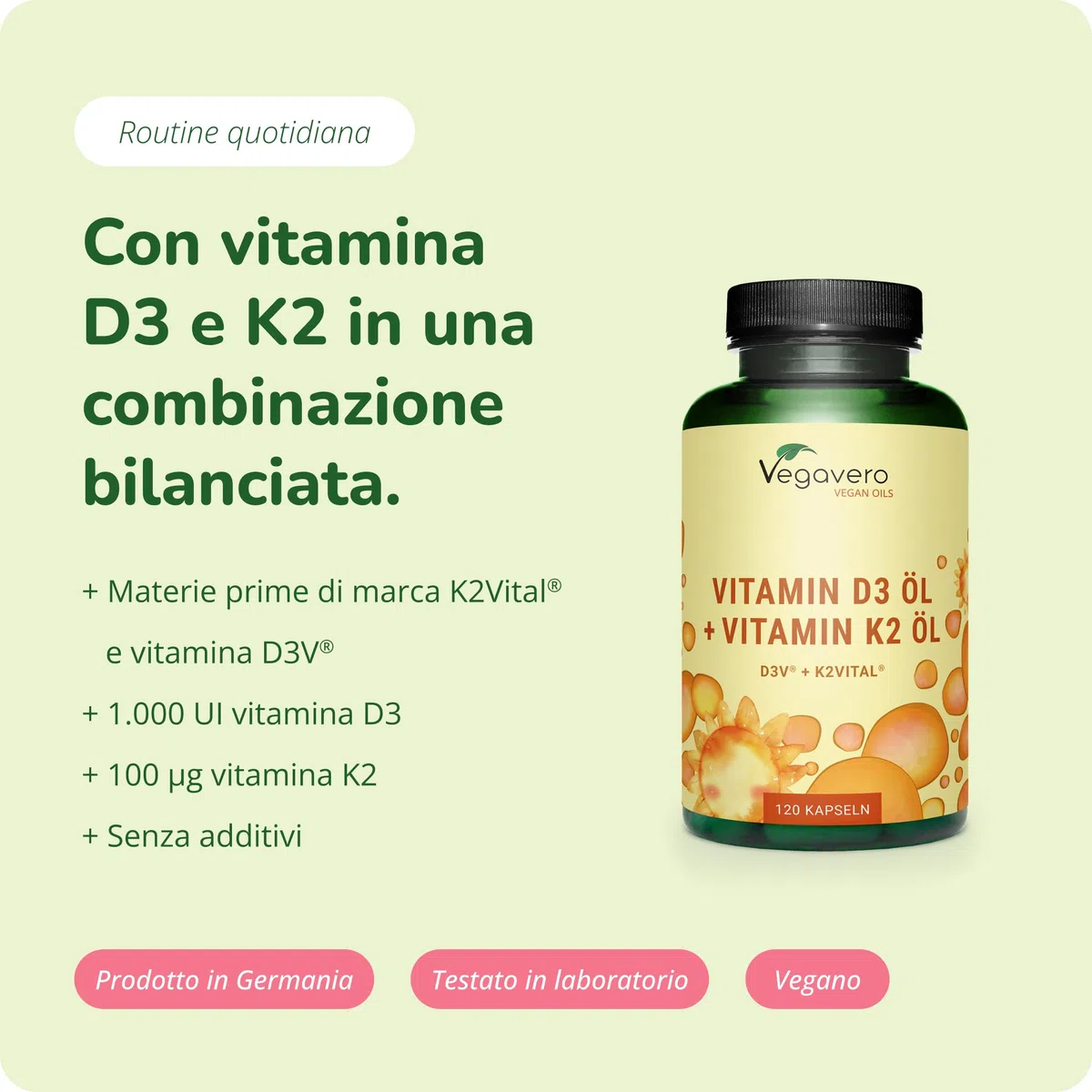 Vitamina D3 + K2 MK7 | VEGAN | Vitamine di Marca dall’Europa | K2 >99% all-trans MK-7 K2VITAL | Alta Biodisponibilità | per Ossa, Denti e Sistema Immunitario | Cruelty Free | Vegavero