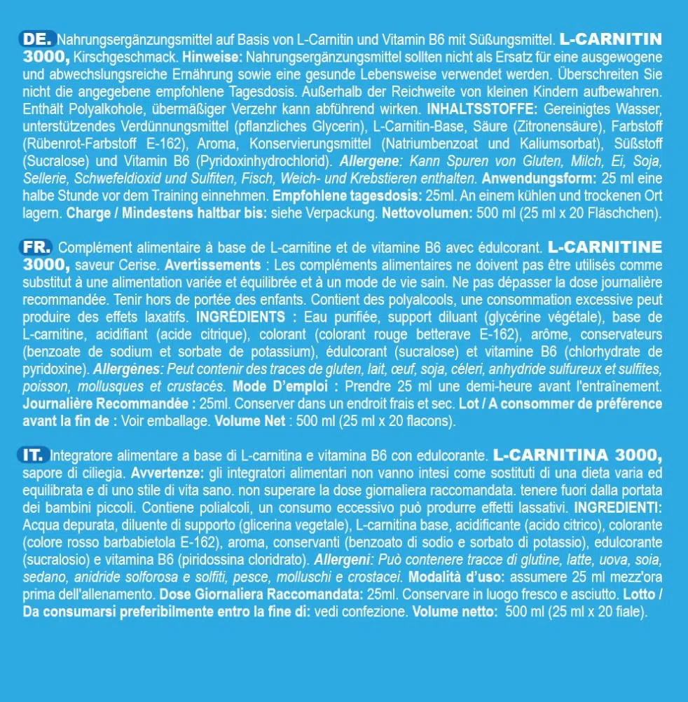 L Carnitina 3000 - L Carnitina Liquida 20 x 25 ml - Carnitina Liquida 3000 - Carnitina Liquida - L-Carnitina 3000 - L Carnitina Fiale - L Carnitina - l - Carnitina (20 unità da 25 ml) (Ciliegia)