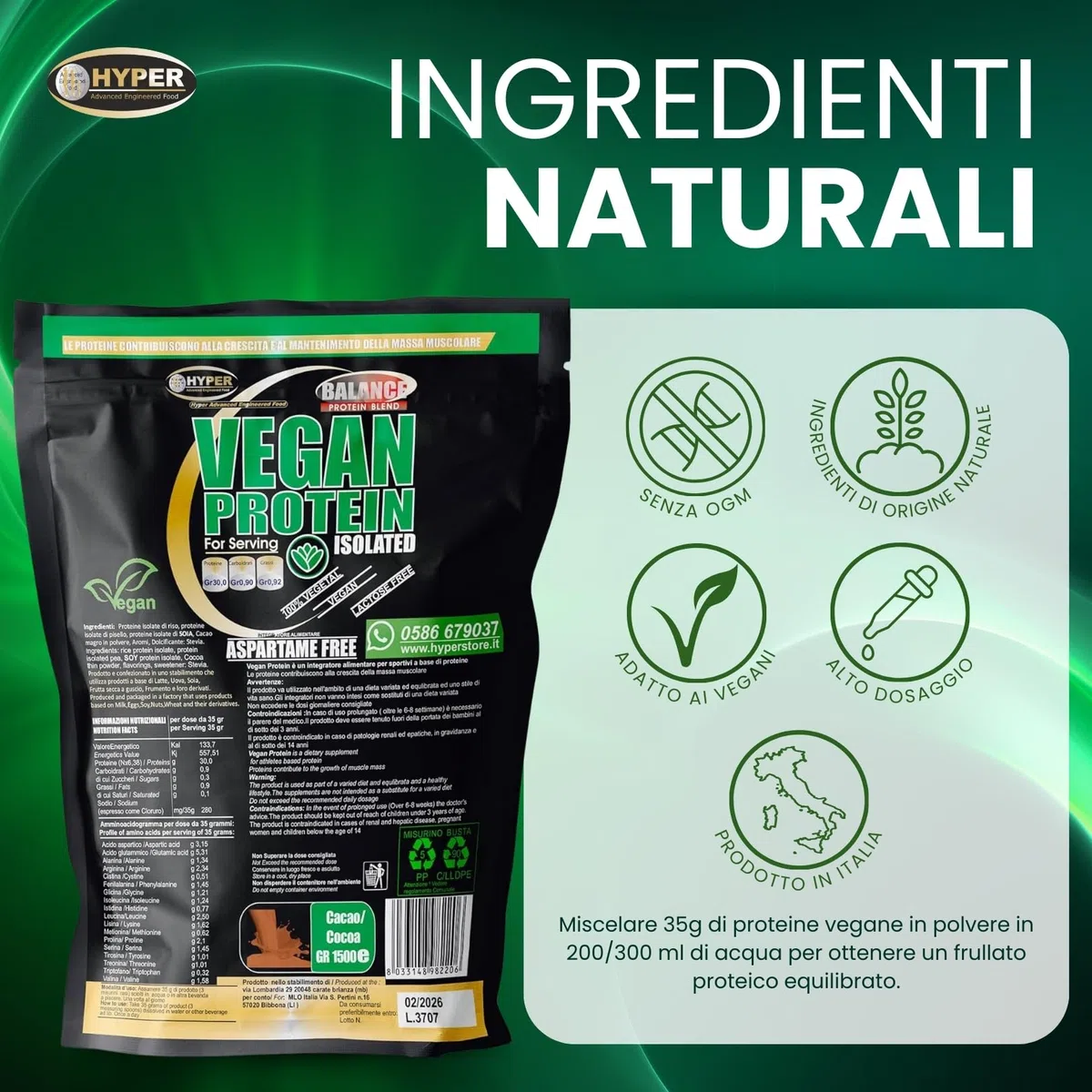 Hyper Vegan Protein 750g Cacao - Proteine in Polvere Senza Edulcoranti - Proteine in Polvere Isolate senza Glutine - Proteine in Polvere Vegane per Aumento Massa Muscolare, Favoriscono il Recupero