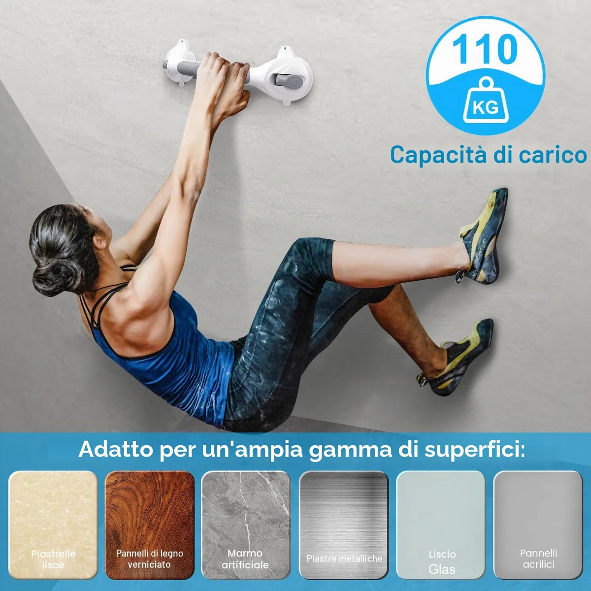 2* maniglie per doccia senza fori, 38 cm, per anziani, con ventosa fino a 110 kg, maniglia per vasca da bagno con allarme di aspirazione, maniglia portatile per doccia scivolo, grigio