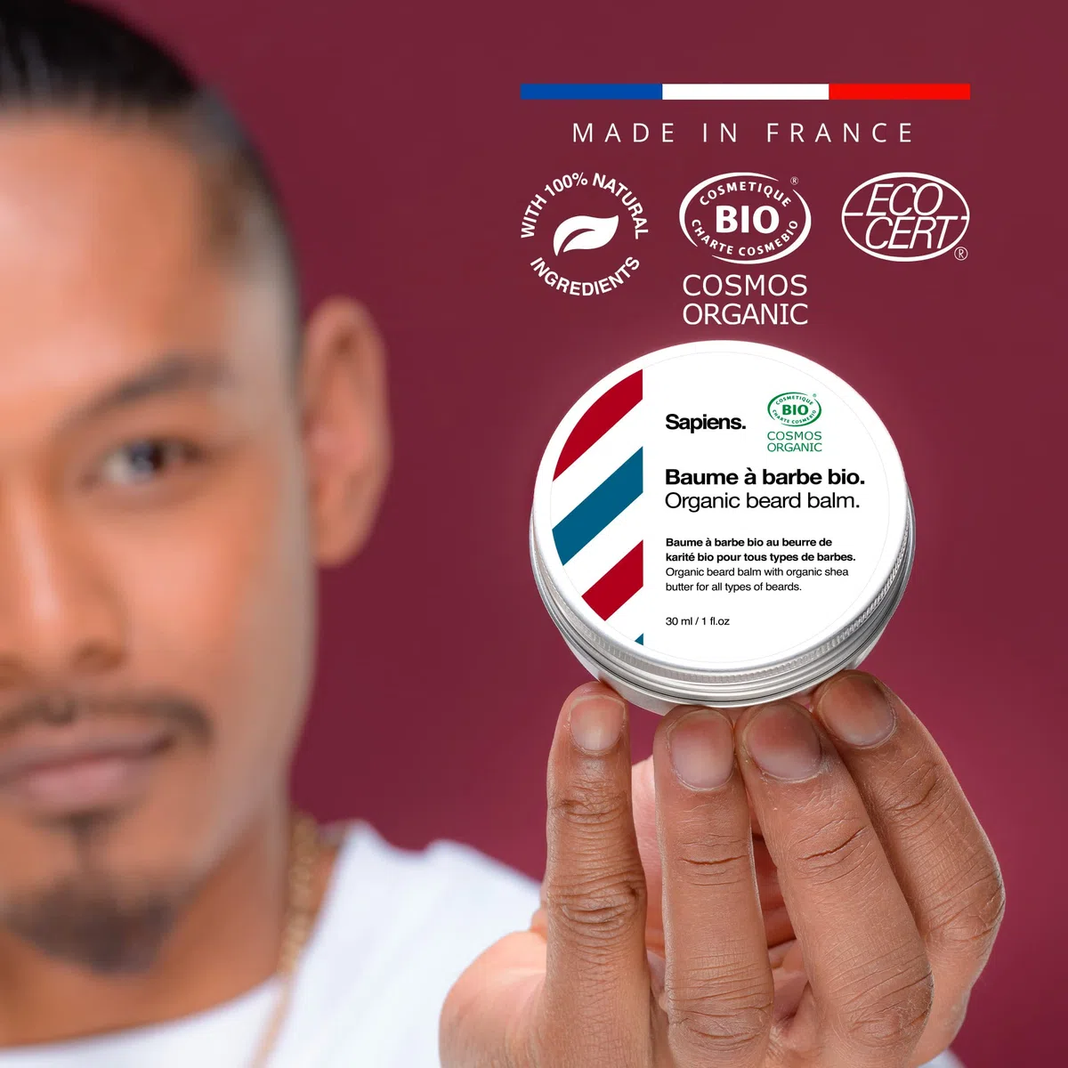 Kit Barba Uomo Sapiens Barbershop - Set Cura Barba Barba con Olio Barba e Balsamo Barba Biologico 100% Naturale Certificato ECOCERT, Pettine barba, Spazzola barba, Forbici, Borsa - Fatto in Francia