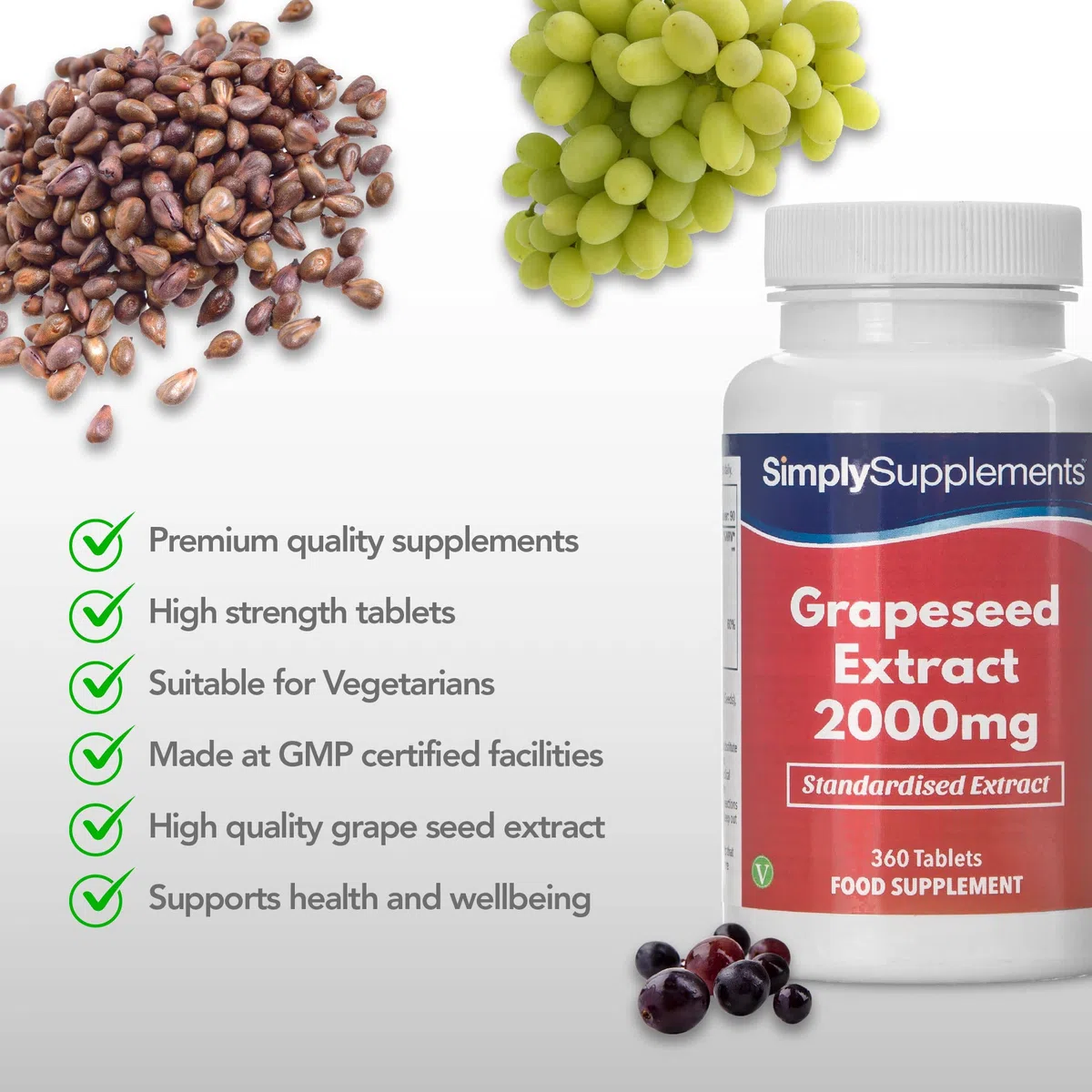 Estratto di Semi d'uva 2000 mg - 360 compresse - Adatto ai vegani - 6 mesi di trattamento - SimplySupplements