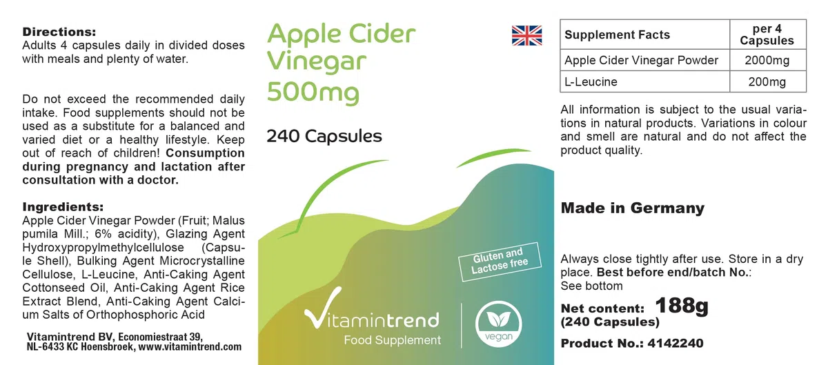 Vitamintrend Aceto di mele 500 mg, 240 capsule, 2000 mg di polvere di aceto di mele per dose giornaliera, integratore alimentare vegano senza magnesio stearato, prodotto in Germania