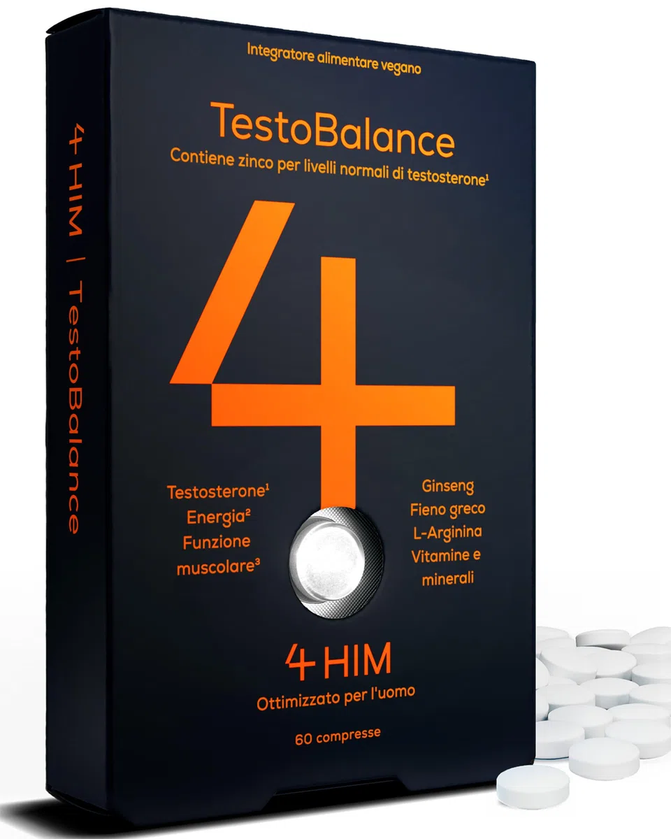 4 HIM TestoBalance Integratore Testosterone Uomo – ZMA, Ginseng & Fieno Greco – Zinco per Livelli di Testosterone – Magnesio, B6, L-Arginina & Selenio – 60 Compresse Vegane – Certificato GMP