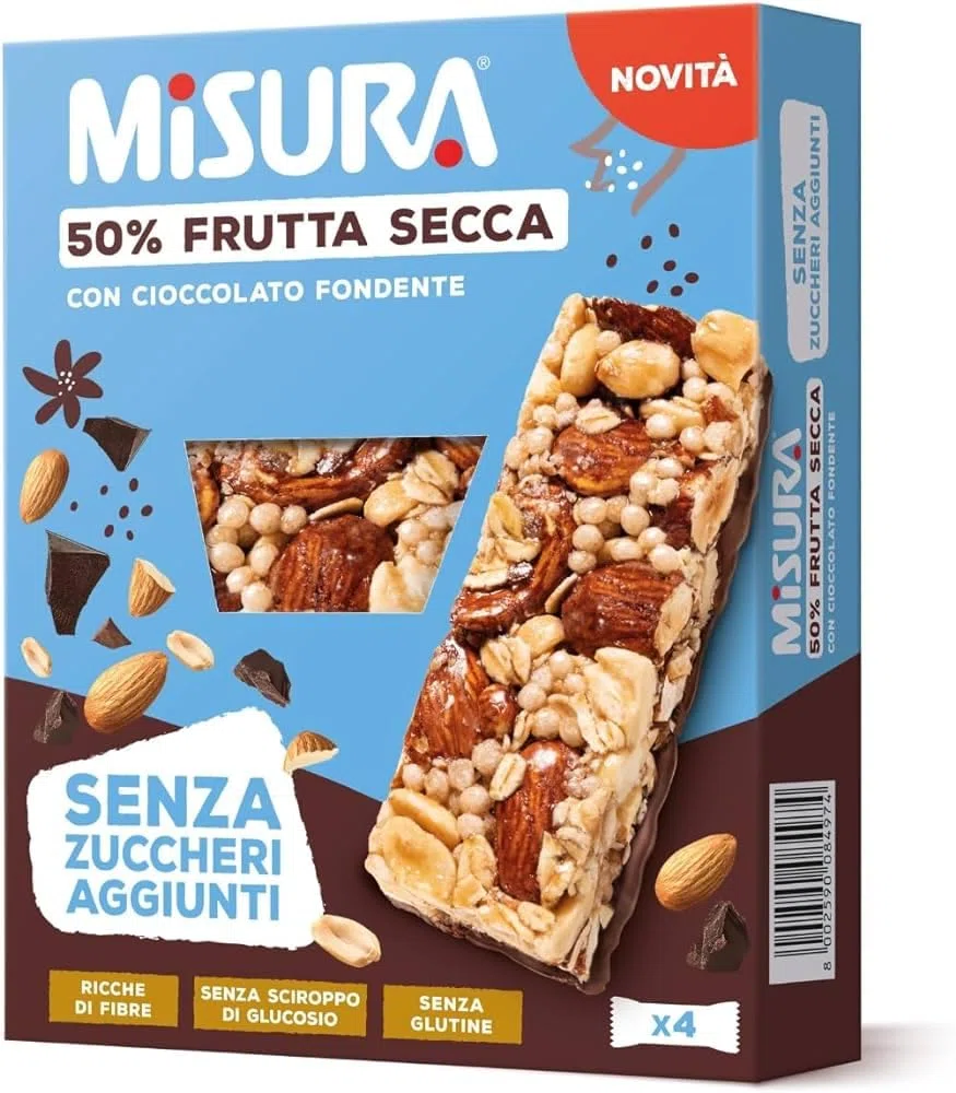 Misura Barrette con Frutta Secca Mandorle, Arachidi e Cioccolato Fondente Senza Zuccheri Aggiunti 120g - Novità 2024 [4 Confezioni]