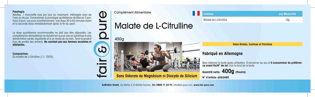 Fair & Pure® - L-Citrullina in polvere - Malato - Sostanza pura - Senza additivi - Senza zuccheri aggiunti - Neutra - 400g
