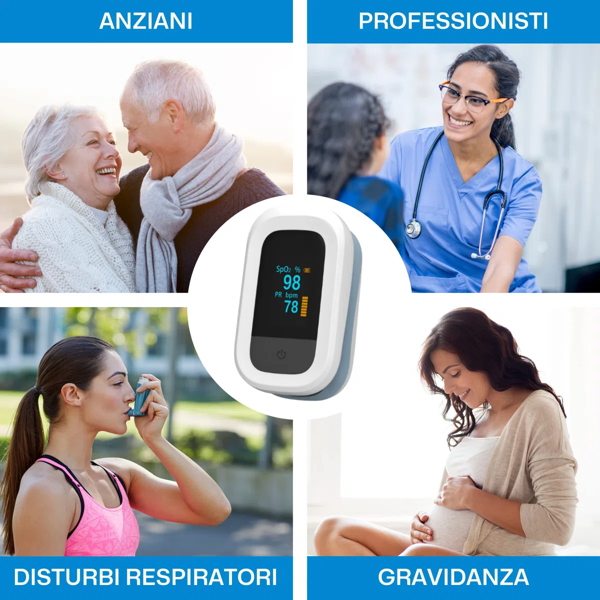 Saturimetro da Dito Professionale Certificato, Pulsossimetro da Dito Portatile, Completamente regolabile, Display OLED a 2 Colori, Misurazione SPO2 e Frequenza cardiaca, per Uso Domestico e Sportivo