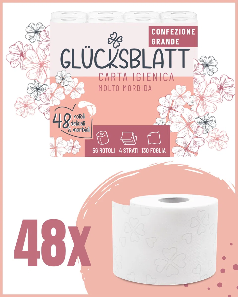 Glücksblatt Carta igienica vellutata, 4 strati, 48 rotoli x 130 fogli, 100% cellulosa, carta igienica super morbida con goffratura fortunata, carta igienica, ideale per campeggio, confezione da almeno
