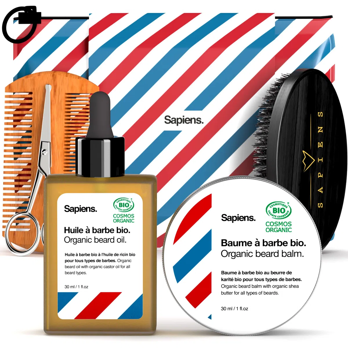 Kit Barba Uomo Sapiens Barbershop - Set Cura Barba Barba con Olio Barba e Balsamo Barba Biologico 100% Naturale Certificato ECOCERT, Pettine barba, Spazzola barba, Forbici, Borsa - Fatto in Francia