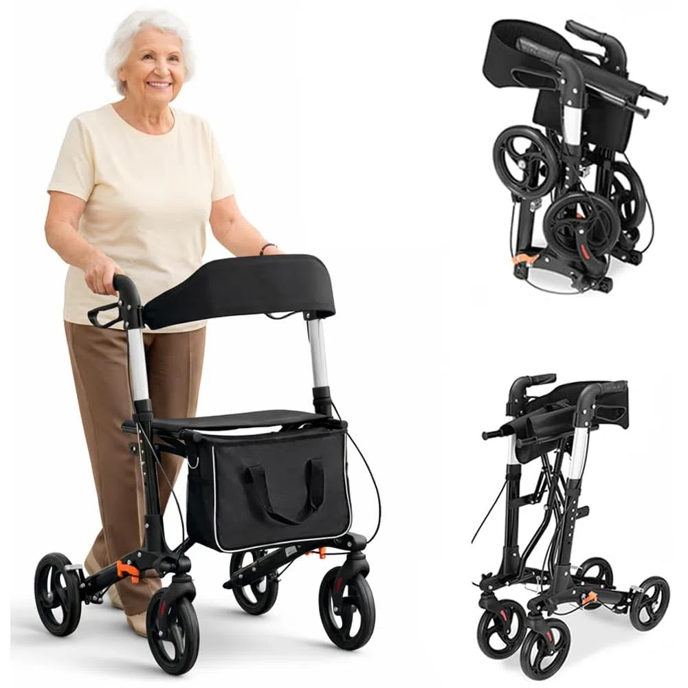 BAKAJI Deambulatore Richiudibile Salvaspazio con Seduta per Anziani, Disabili e Persone con Mobilità Ridotta, Walker con Borsetta e Maniglie Ergonomiche, Assistenza con Freni e Altezza Regolabile