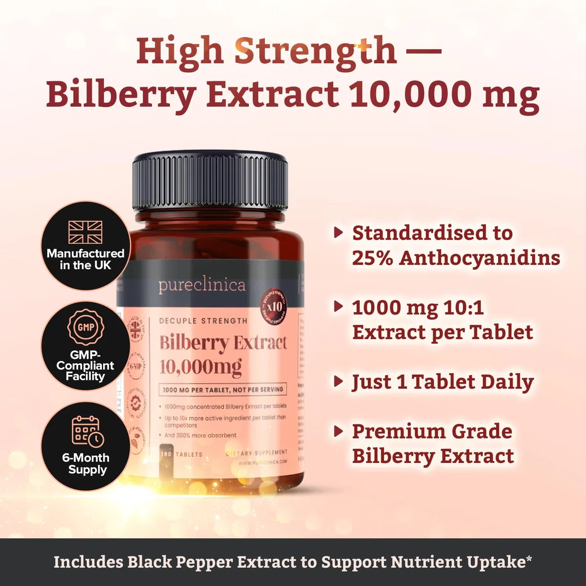 Estratto di mirtillo 10.000 mg x180 cpr-10 volte più antocianidine x compressa rispetto agli altri integratori-E 5 mg di estratto di pepe nero