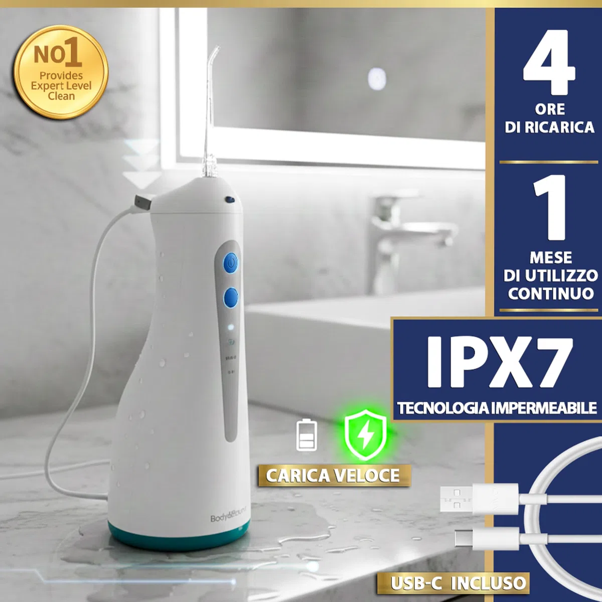 Idropulsore Dentale Portatile DENTAL V-PRO da 300ml. Idropulsore denti,alta pressione con 5 ugelli +1 specchio per pulizia denti profonda. Water flosser Impermeabile. Irrigatore Orale pulizia profonda