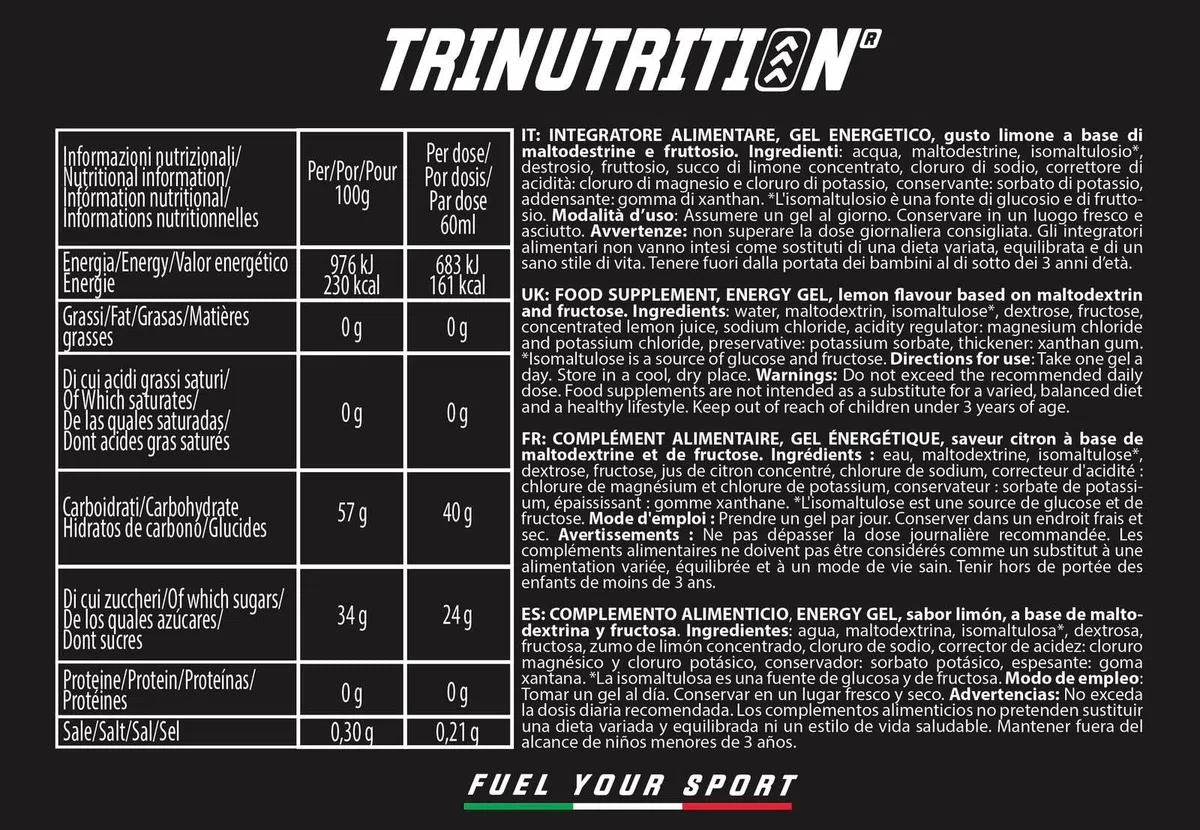 CARB GEL, Gel energetico, 15 x 60ml, 40g di Carboidrati, rapporto 1:0,8 con Maltodestrine e Fruttosio, Gusto Lemon, Gel per ciclismo corsa endurance, Senza Glutine, Vegan