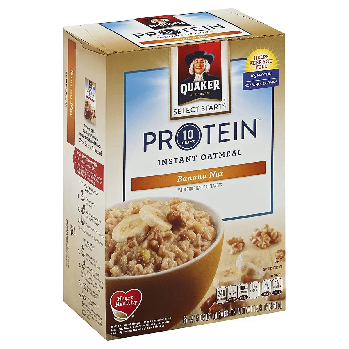 Quaker Instant Oatmeal Protein Banana Nut Flavor 6 Count, 12.9oz Box (Pack of 2)