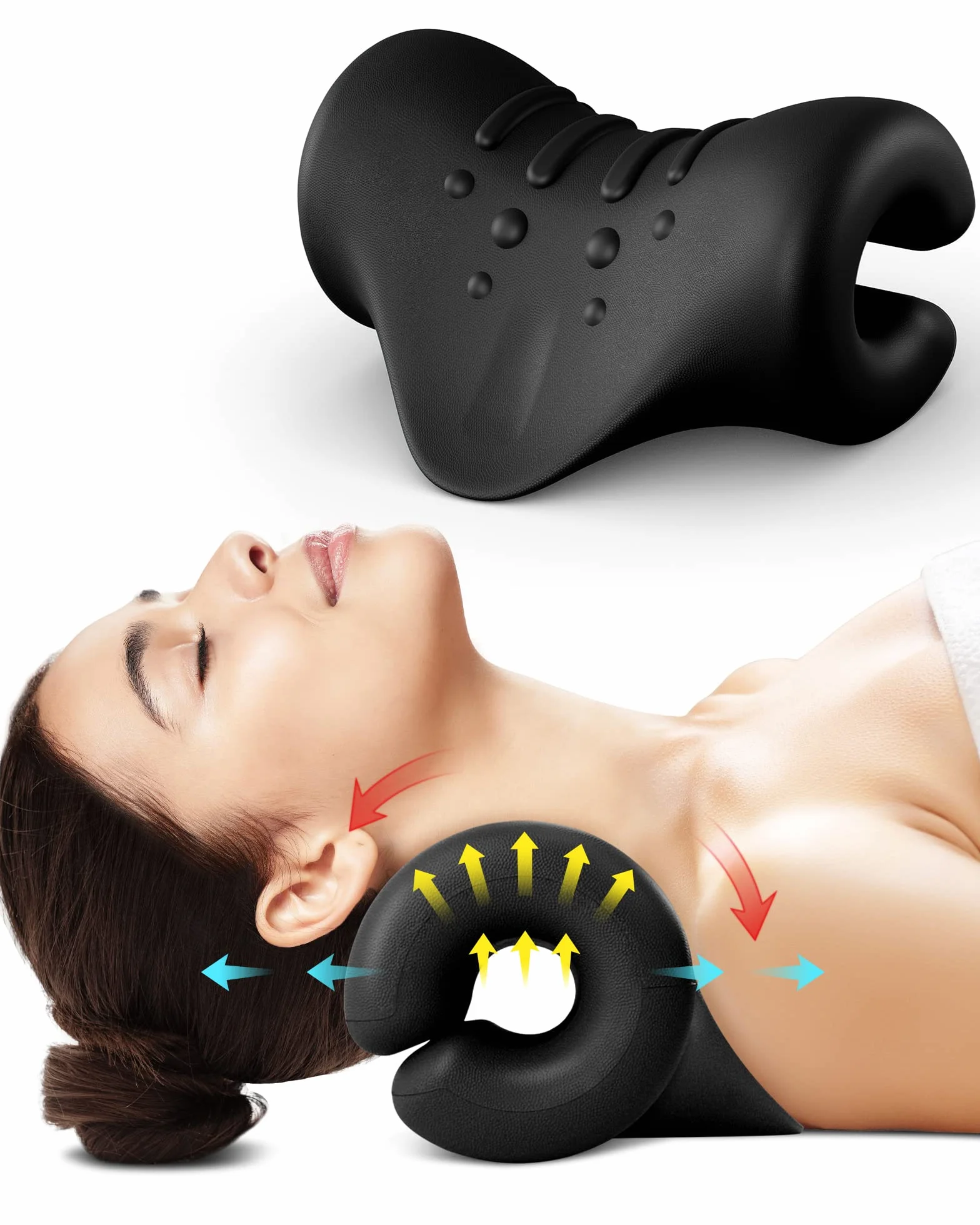Rilassante per Collo e Spalle, Dispositivo di Trazione Cervicale Barella per Collo Portatile, Correttore di Postura del Collo Cuscino per Chiropratica per Alleviare il Dolore(Nero)