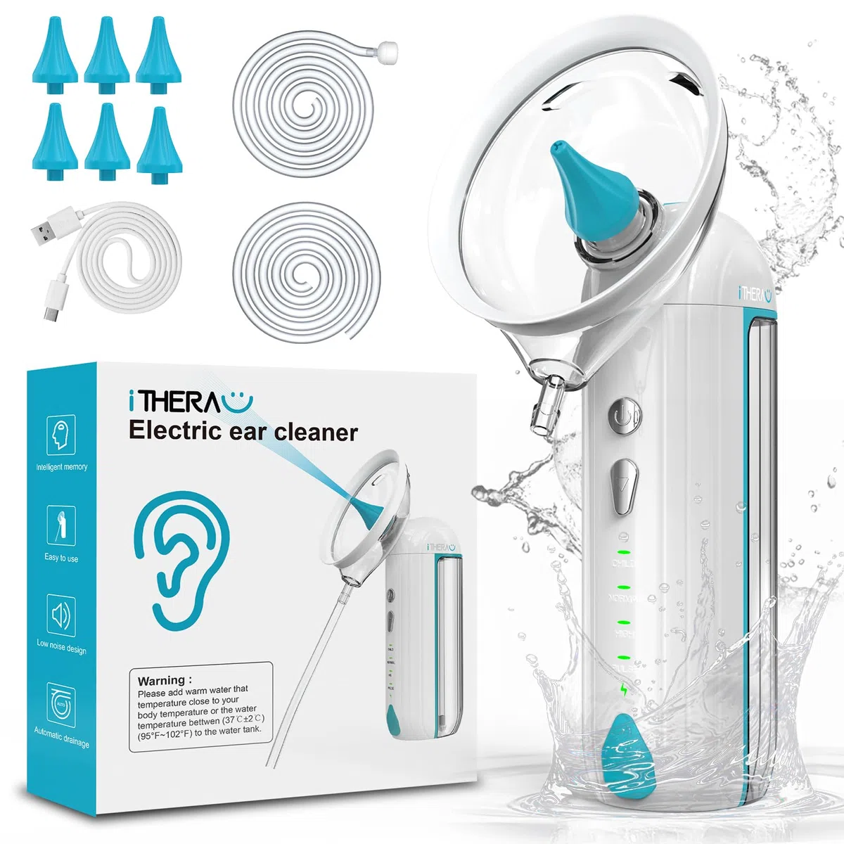iTHERAU Pulisci Orecchie Elettrico, Kit Pulizia Orecchie Con 4 Modalità per Adulti Bambini, Impermeabile IPX7, Drenaggio Automatico, Cerume Orecchie Pulitore Ricaricabile con 6 Punte Auricolari