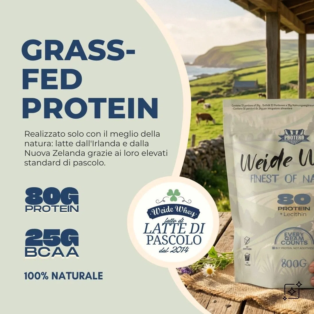 Protero Weide Whey Protein 80 Grass-Fed – Proteine in Polvere da Siero di Latte da Pascolo 800g | Senza Dolcificanti o Coloranti | Gusto Natural