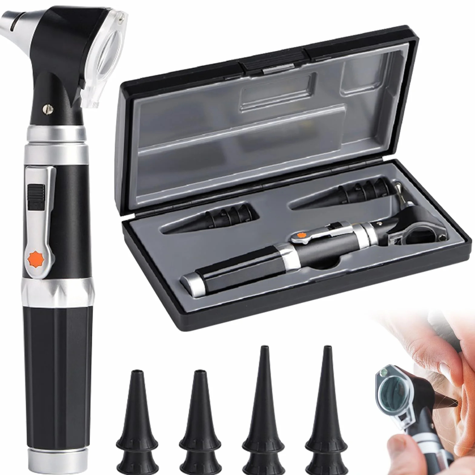 GOMETY Otoscopio con luce, rilevatore tascabile diagnostico di infezioni dell'orecchio con custodia in plastica rigida, con ingrandimento 3x e 4 punte di speculum, 8 tappi per le orecchie per adulti e