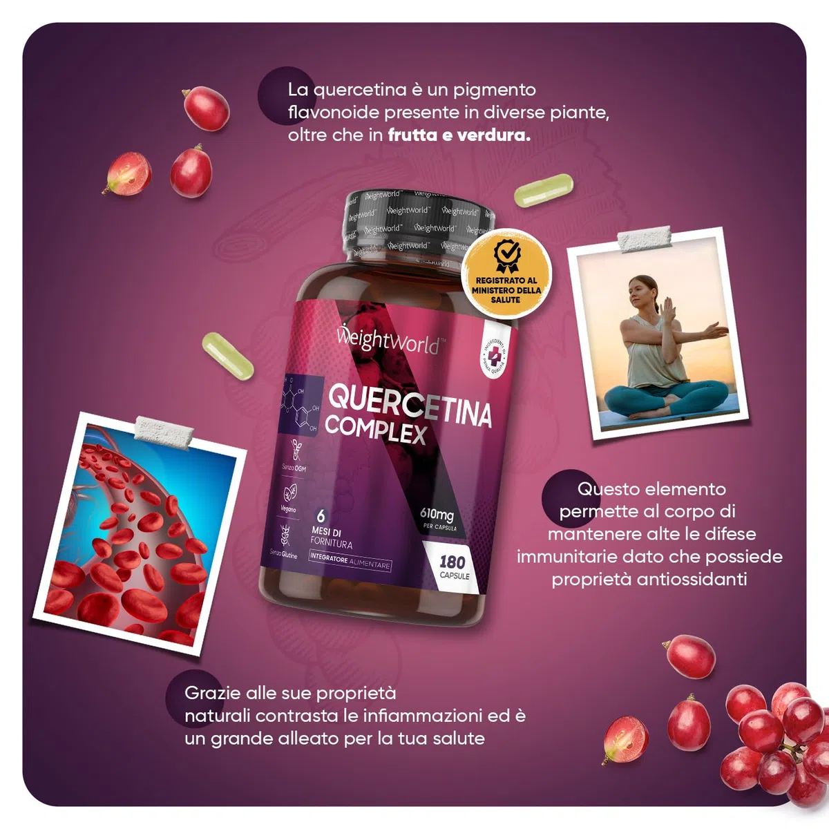 Quercetina 610mg, Quercetina Complex 180 Capsule Vegan (6 Mesi), Quercetina e Bromelina con Rosa Canina, Rutina, Bioflavonoidi - Vitamina C, Sistema Immunitario, Stress Ossidativo - Quercitina Complex
