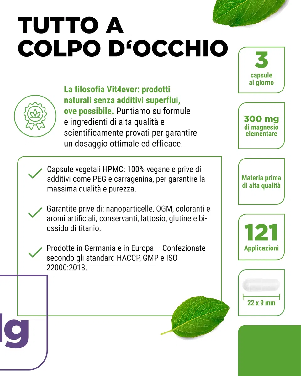 Magnesiobisglicinato - 365 Capsule - 300 mg di Magnesio Elementare per Dose giornaliera - Premium: Magnesio Chelato - Vegano - Ad Alto Dosaggio
