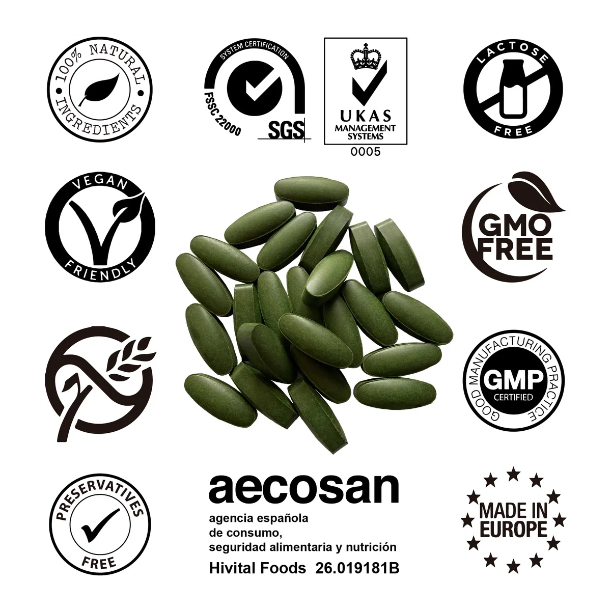 Spirulina e Clorella 3000 mg. 240 compresse vegane per quasi 3 mesi di trattamento. Proteine Naturali delle alghe Spirulina e Clorella. Prodotto in Europa da HIVITAL