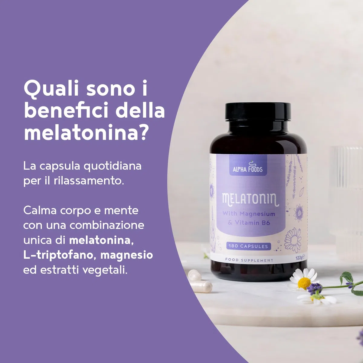 Melatonina 0,5 mg | 180 Capsule | Integratore Sonno con Magnesio, L-Triptofano, Passiflora, Lavanda, Camomilla e Vitamina B6 | per dormire e Jet Lag | Favorisce il Rilassamento | Alpha Foods