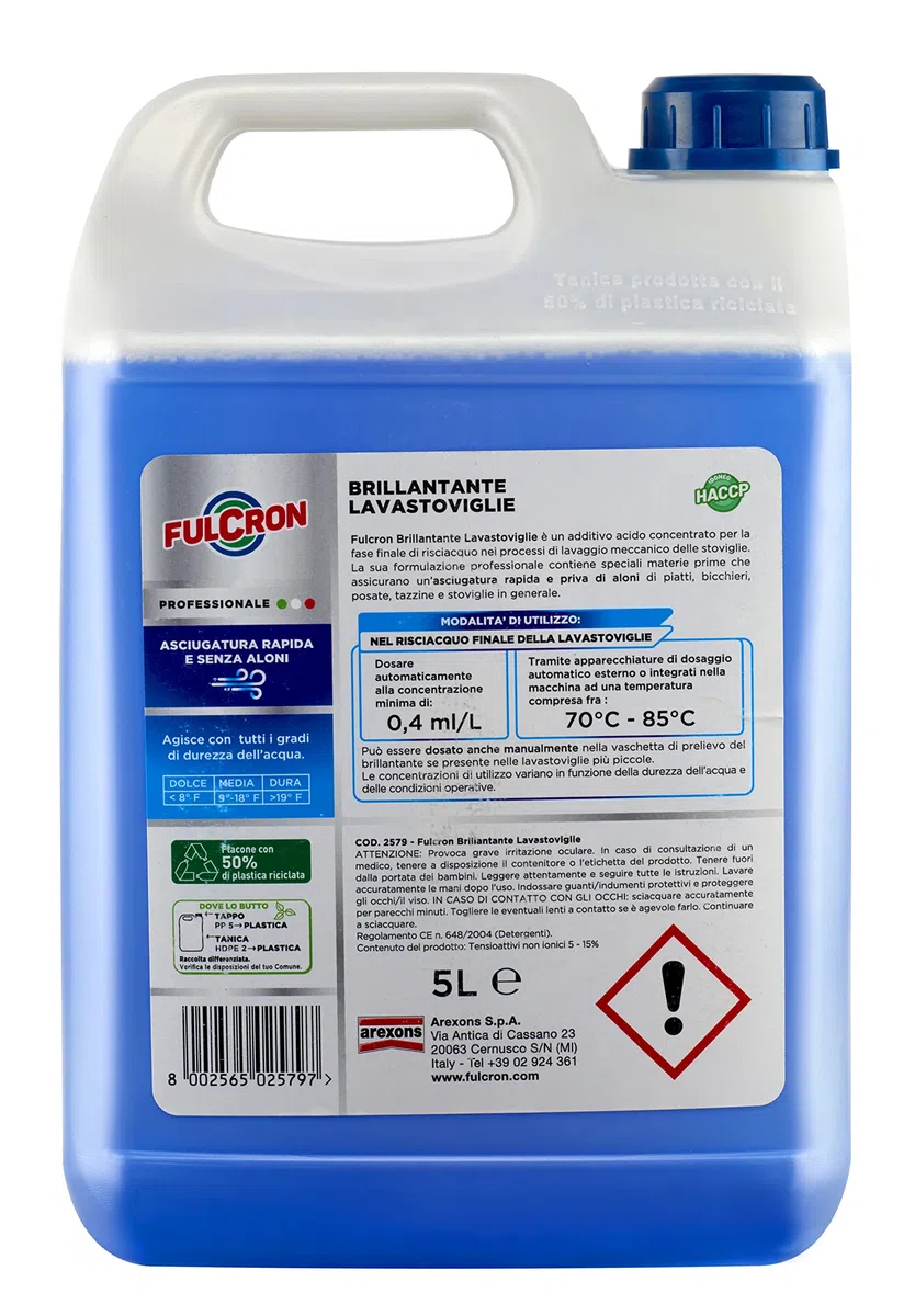 FULCRON Brillantante Lavastoviglie, Additivo Acido Concentrato, Assicura Un'Asciugatura Rapida e Senza Aloni, 5 L, Liquido