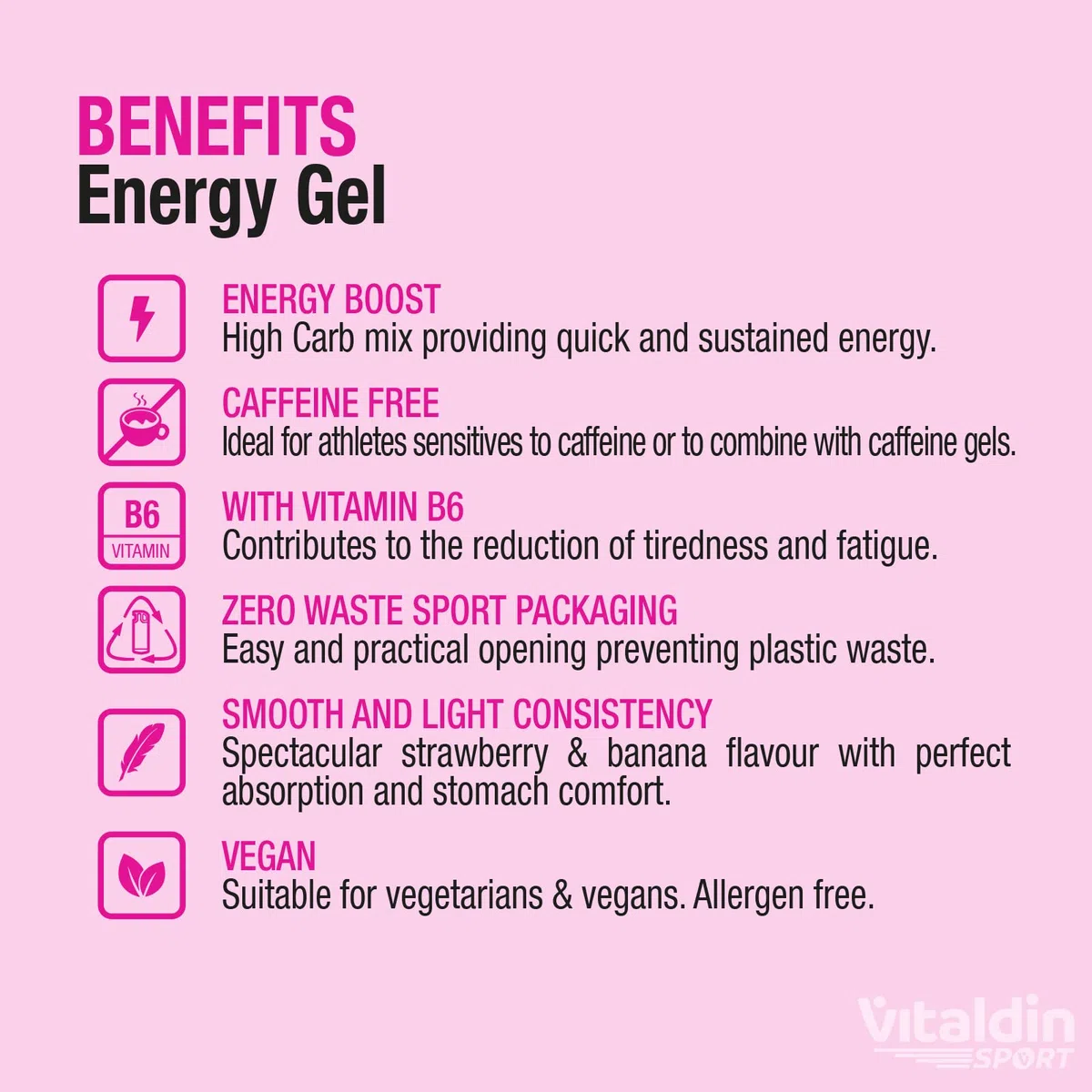 VITALDIN SPORT Energy Gel – 24 GEL x 40 gr – Gel Energetico Fragola & Banana con Vitamina B6 (Senza Caffeina) – Energia Rapida e Rilascio Graduale – Running, Ciclismo & Sport di Lunga Durata