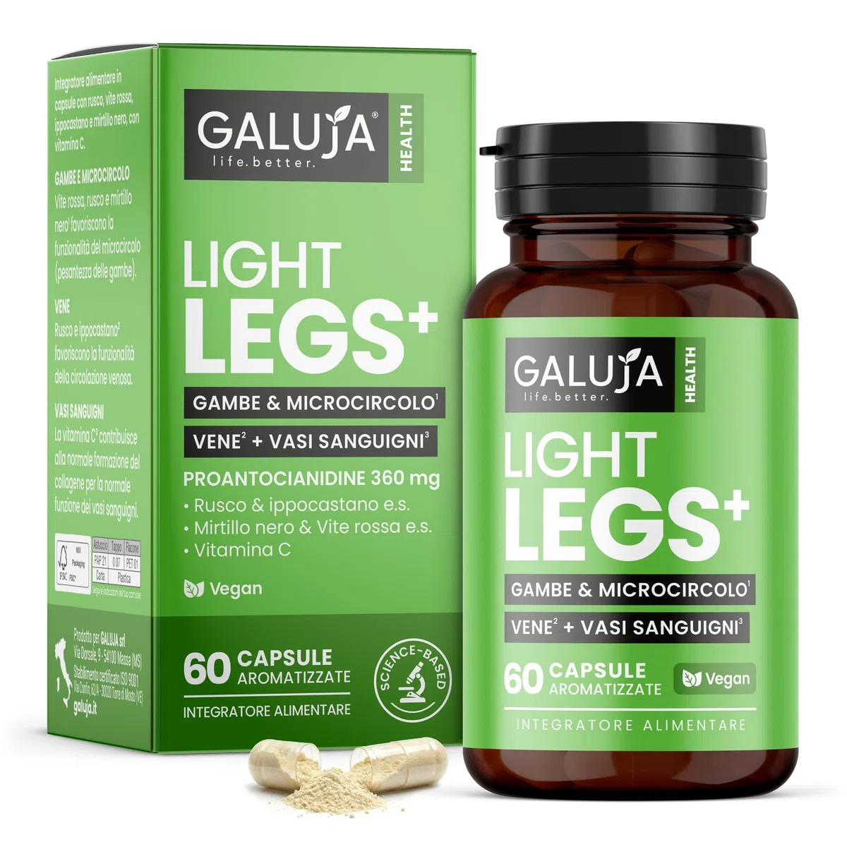 Light Legs+ - Integratore Gambe Leggere & Microcircolo - Proantocianidine 342 mg - 30 giorni (60 caps) - Vegan, senza glutine e lattosio, aroma pesca - Rusco, Ippocastano, Mirtillo
