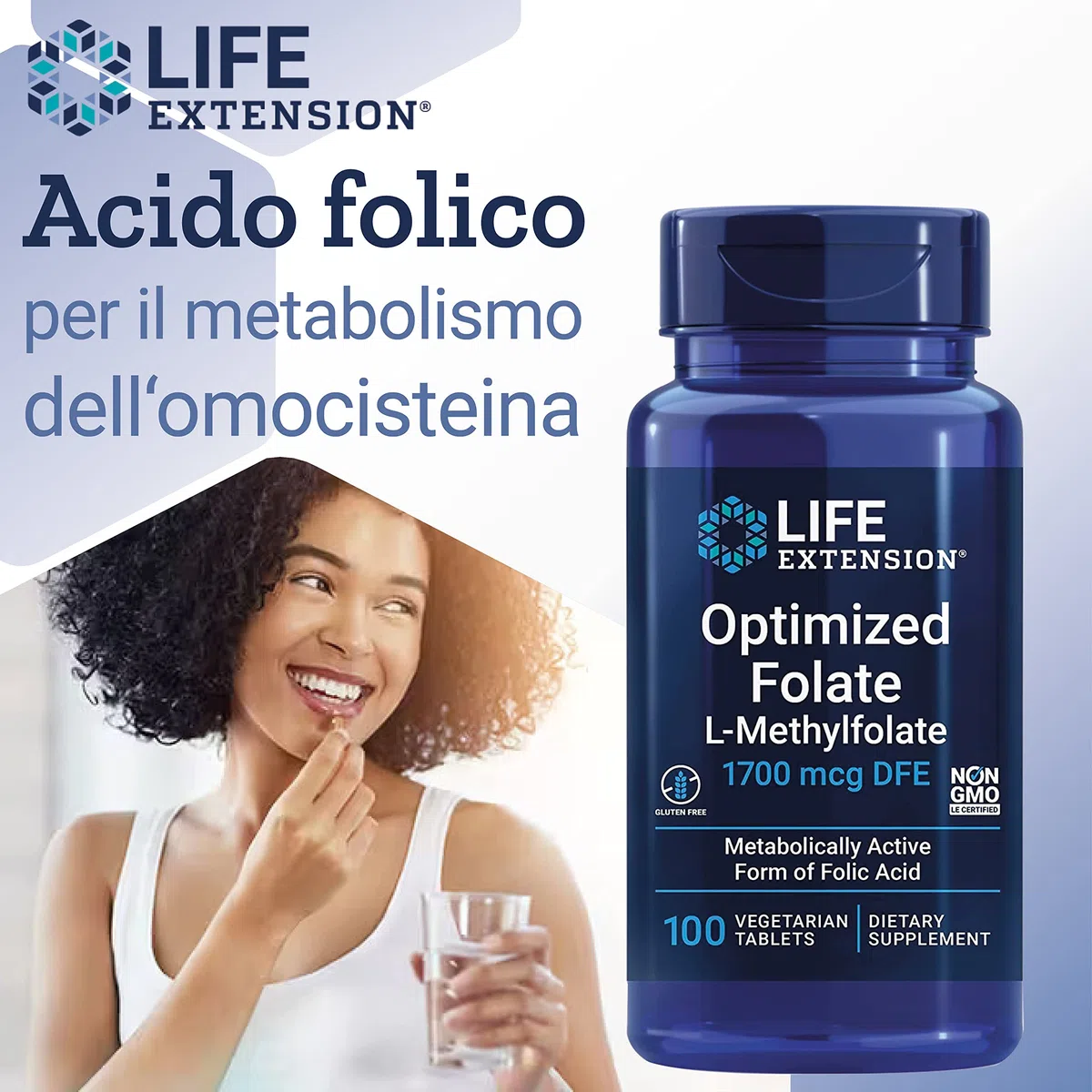 Life Extension, Optimised Folate, 5-MTHF, Dose Elevata, 100 Compresse, Testate in Laboratorio, Vegetariane, Senza Glutine, Senza Soia, Non-GMO