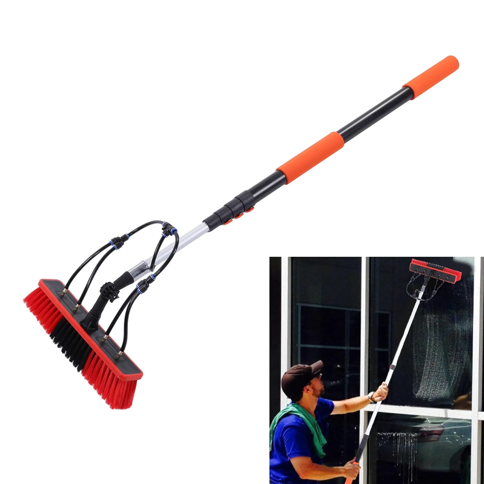 SIXRUN Kit Spazzola per Pannello Solare, ABS PC Alluminio Nylon Detergente per Vetri Alimentato Ad Acqua con Asta Telescopica da 12 Piedi, Spazzola da 35 Cm per la Pulizia del Ponte della Barca della