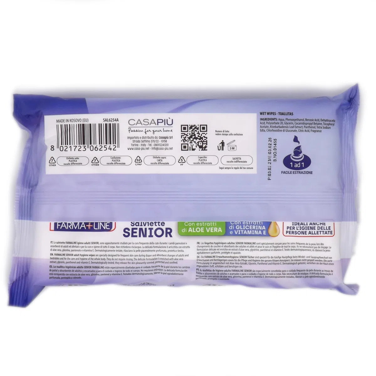 Salviette Senior Igiene Adulti Maxi 20 x 28 cm, 400 pz (8 confezioni da 50 salviette) Aloe Vera, Glicerina e Vitamina E, Senza Alcool, pH Fisiologico
