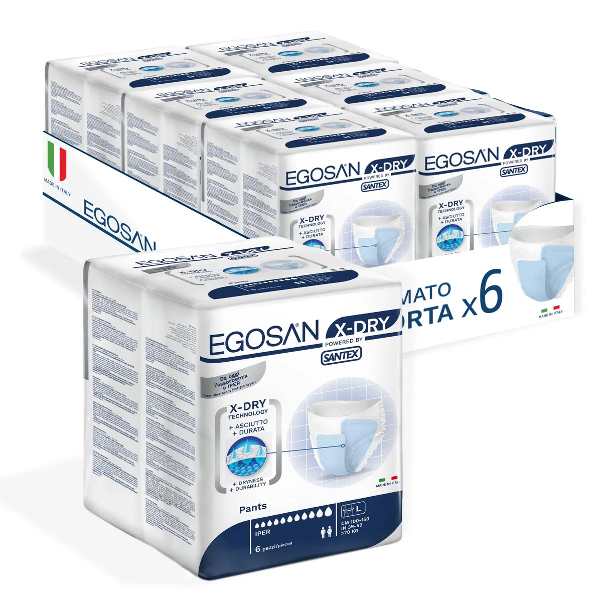 Egosan Pants X-Dry Taglia L - Pacco Scorta con 6 confezioni da 6 pezzi - Dispositivi Assorbenti per Incontinenza Grave, Comfort Assoluto, Protezione Totale, Sistema Antiodore, Traspiranti, Unisex