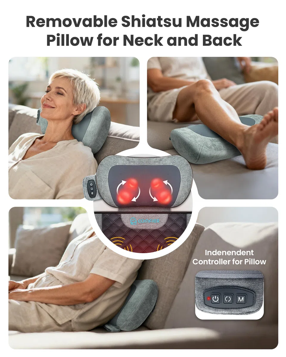 COMFIER Tappetino massaggiante per tutto il corpo con calore, cuscino massaggiante per la schiena con cuscino per il collo Shiatsu, 10 motori vibranti e 3 livelli di tappetino massaggiante riscaldante