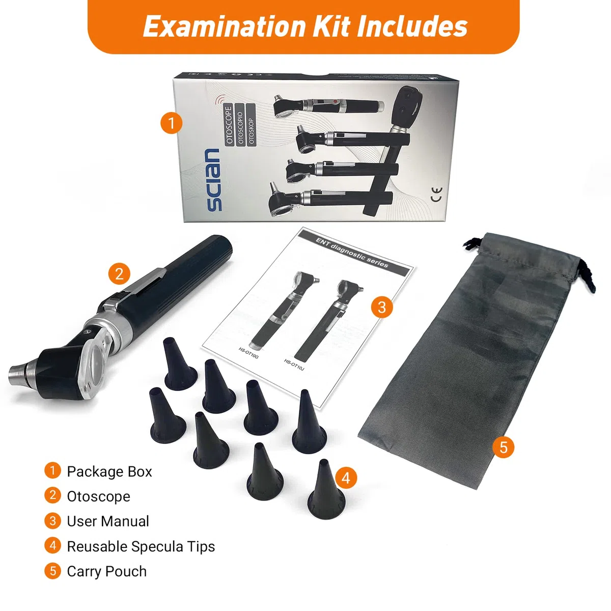 Scian Otoscopio con luce, Leggero Tasca Orecchio diagnostica strumento Kit con lente di ingrandimento 3X e 8 punte dello speculo per bambini, anziani, cani, uso domestico (nero)
