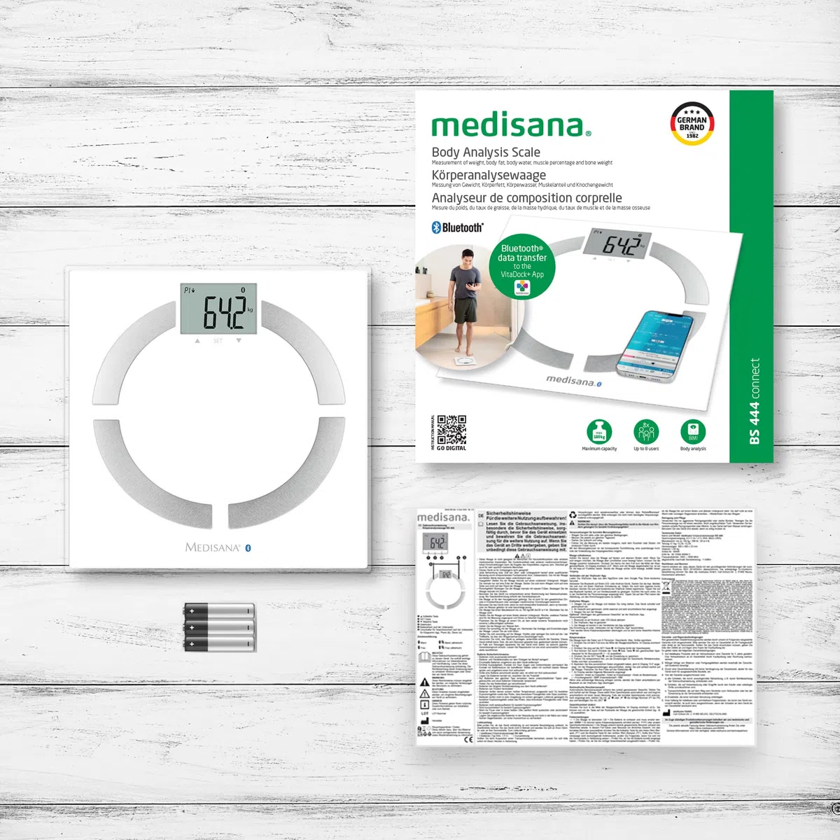 medisana BS 444 connect, bilancia digitale per analisi corporea 180 kg, bilancia personale per la misurazione del grasso corporeo, acqua corporea, massa muscolare e peso osseo con App