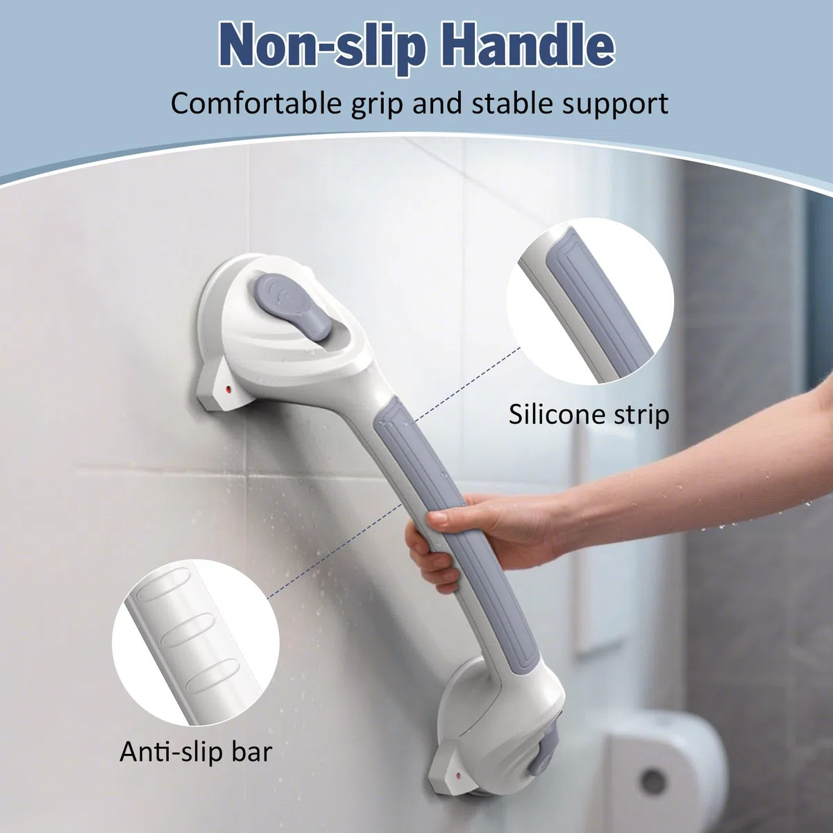 Roylvan Maniglia Doccia Anziani, MAX 110 KG Maniglione Bagno per Disabili, 42.5 CM Maniglia Ventosa per Doccia, Rimovibile Maniglioni Bagno per Anziani, Nessuna foratura Maniglione Doccia, Grigio, 1PC