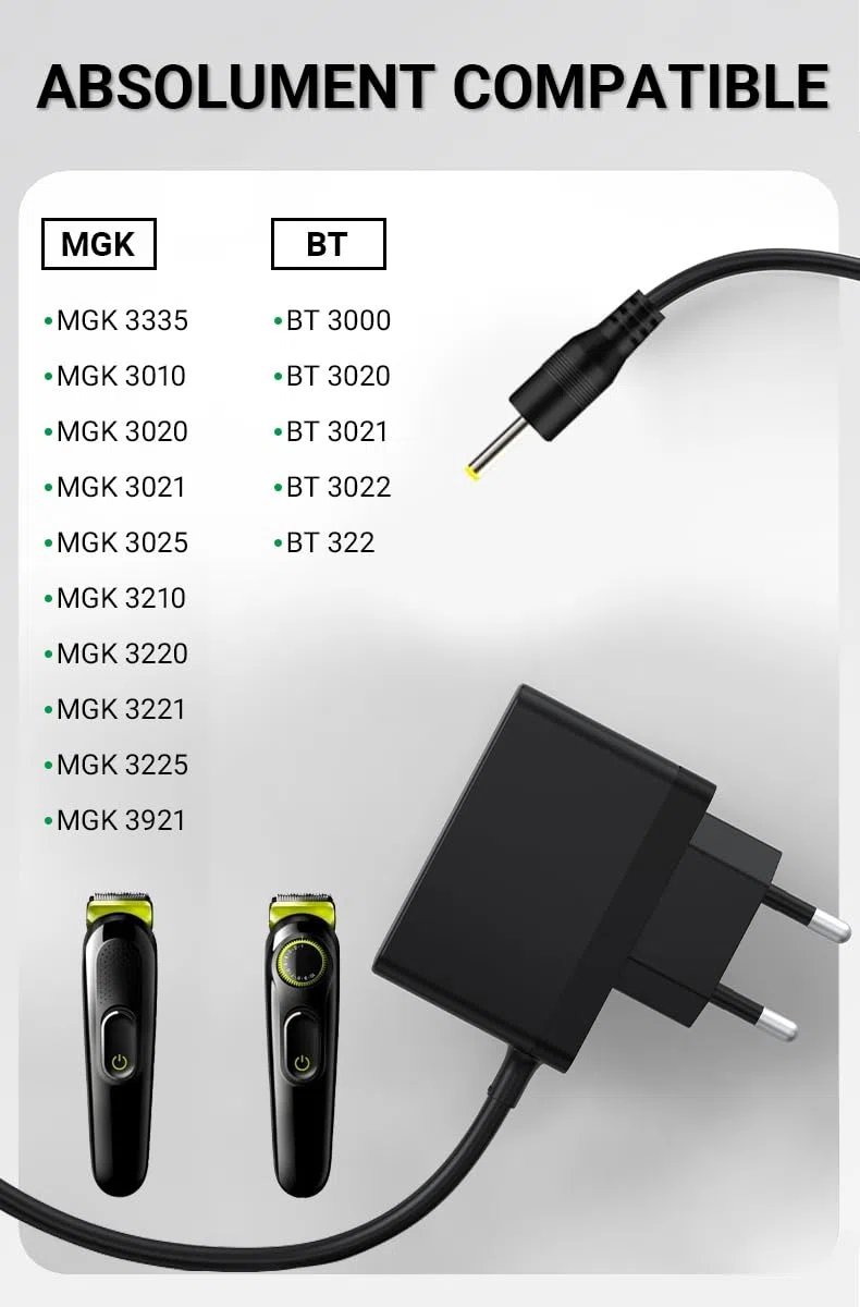 2,3 V Caricabatterie per tosaerba compatibile con Braun MGK3010 / MGK3020 / MGK3021 / MGK3210 / BT3000 / BT3020 - Cavo di alimentazione di ricambio per rasoio tipo 5511/5513/5516