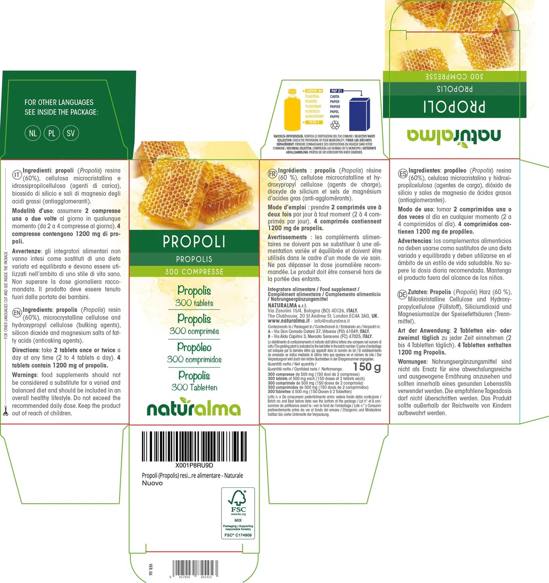 Propoli (Propolis) resina Naturalma - 150 g - 300 compresse - Integratore alimentare - Naturale