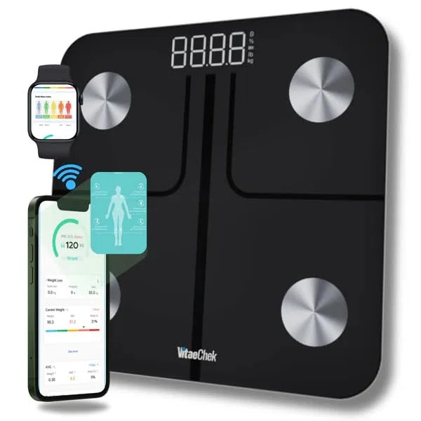 Bilancia Pesapersone Digitale, Bilancia Impedenziometrica in Vetro Temperato, Fino a 180 kg, Bilancia Smart Dotata di 13 Misurazioni (BMI/Grasso corporeo/BMR/Muscoli), 28 cm