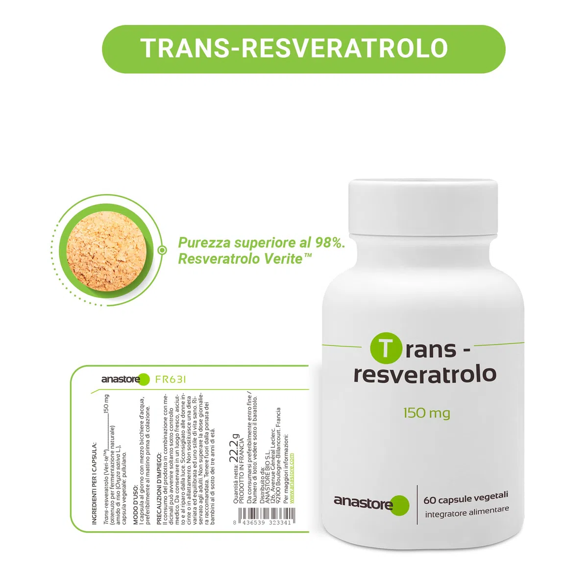 Trans-Resveratrolo * 60 capsule vegetali * Antiossidante altamente assimilabile * Anti-invecchiamento + Neuroprotettore *