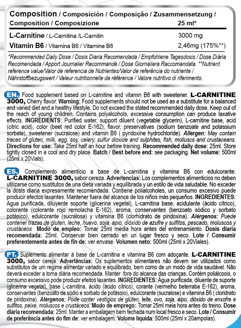 L Carnitina 3000 - L Carnitina Liquida 20 x 25 ml - Carnitina Liquida 3000 - Carnitina Liquida - L-Carnitina 3000 - L Carnitina Fiale - L Carnitina - l - Carnitina (20 unità da 25 ml) (Ciliegia)