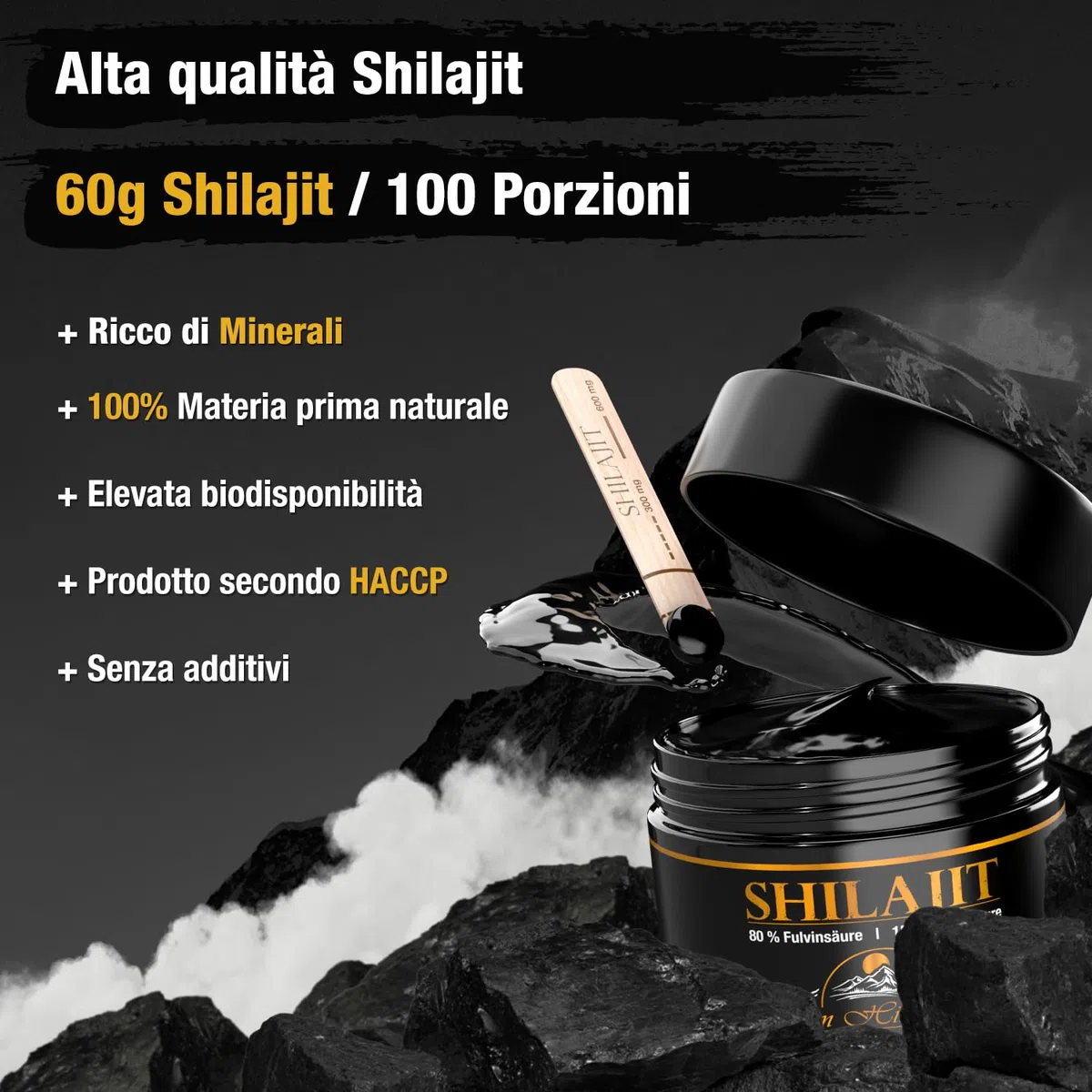 Shilajit Resina Gold Standard 60 g 85+ minerali, massima potenza dall'Himalaya oltre 3 mesi, 100% puro e originale vegano e senza additivi