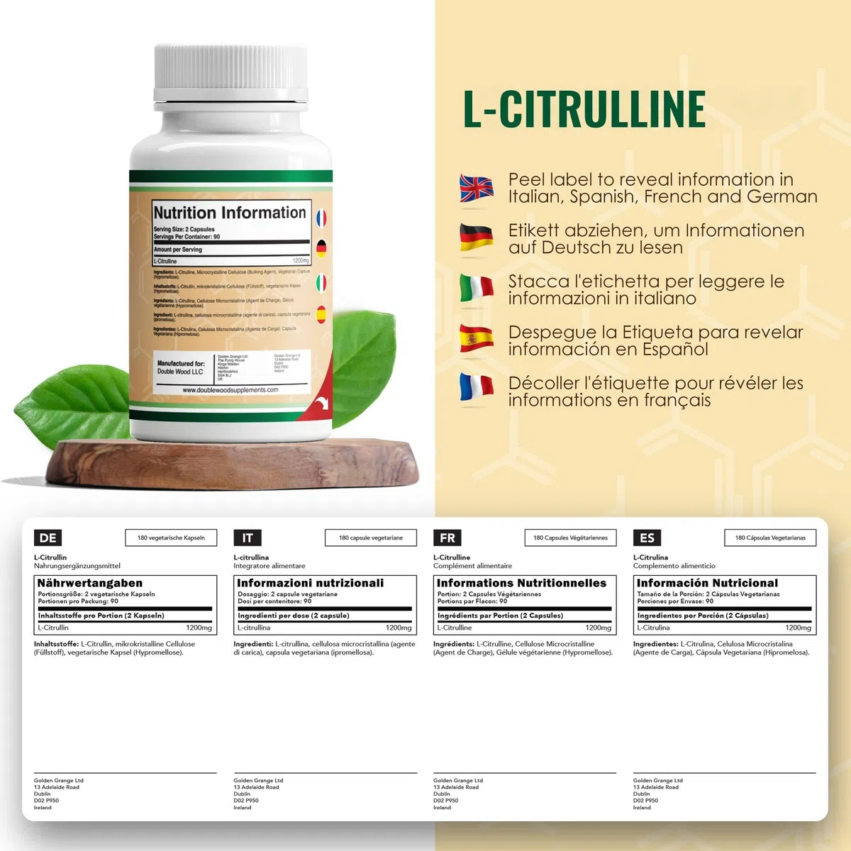 Double Wood L Citrullina | 180 Capsule L-Citrullina - 1200 mg L-Citrullina per Dose | Integratore Ossido Nitrico | Non-OGM e Senza Glutine | Prodotto nel Regno Unito