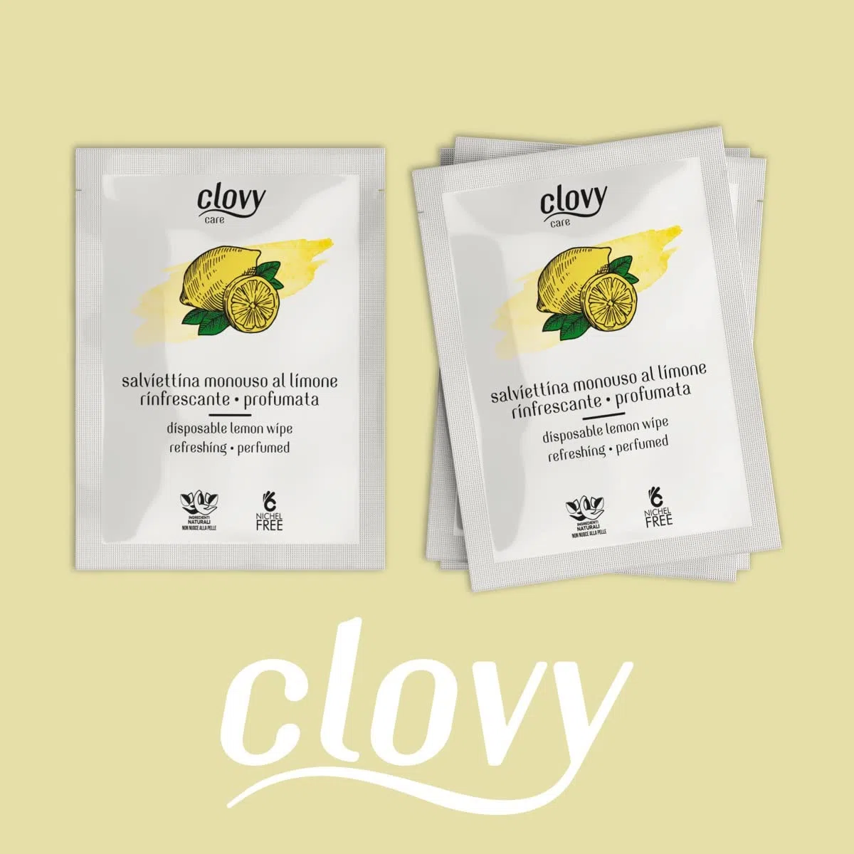 Clovy Care. 200 Salviette monouso rinfrescanti e profumate al limone dimensione 23,5x16 imbevute con soluzione a base di ingredienti naturali nichel free.