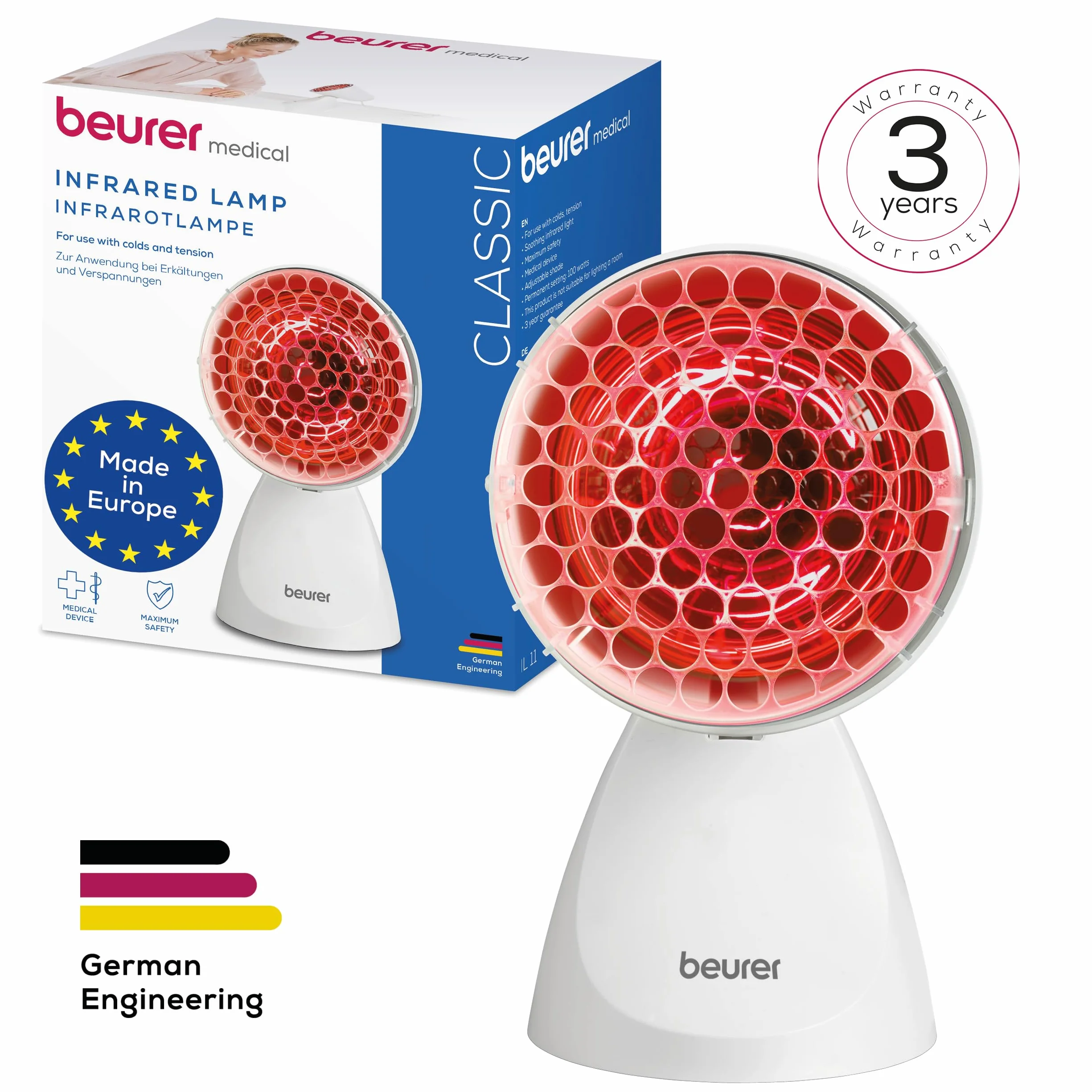 Beurer IL 11 Lampada a Infrarossi 100W – Terapia del Calore per Raffreddore, Dolori Muscolari e skincare – 5 Inclinazioni, Griglia di Protezione, Occhiali di Sicurezza Inclusi – Dispositivo Medico